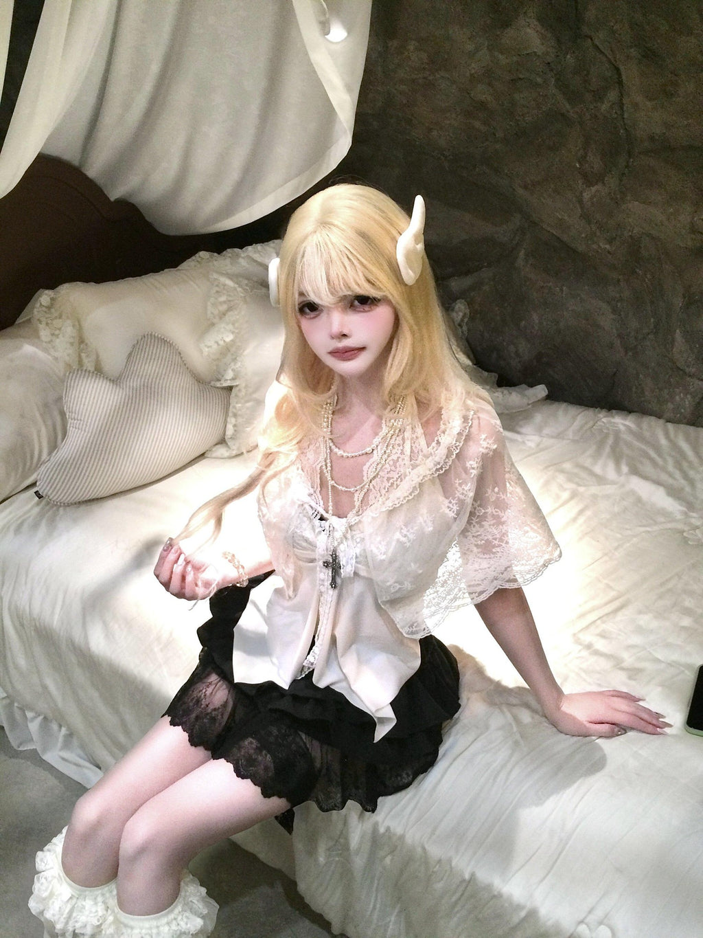 Sub Era French Shawl Set A Line Tie Waist Thin Strap Women's Polyester Lace Camisoles