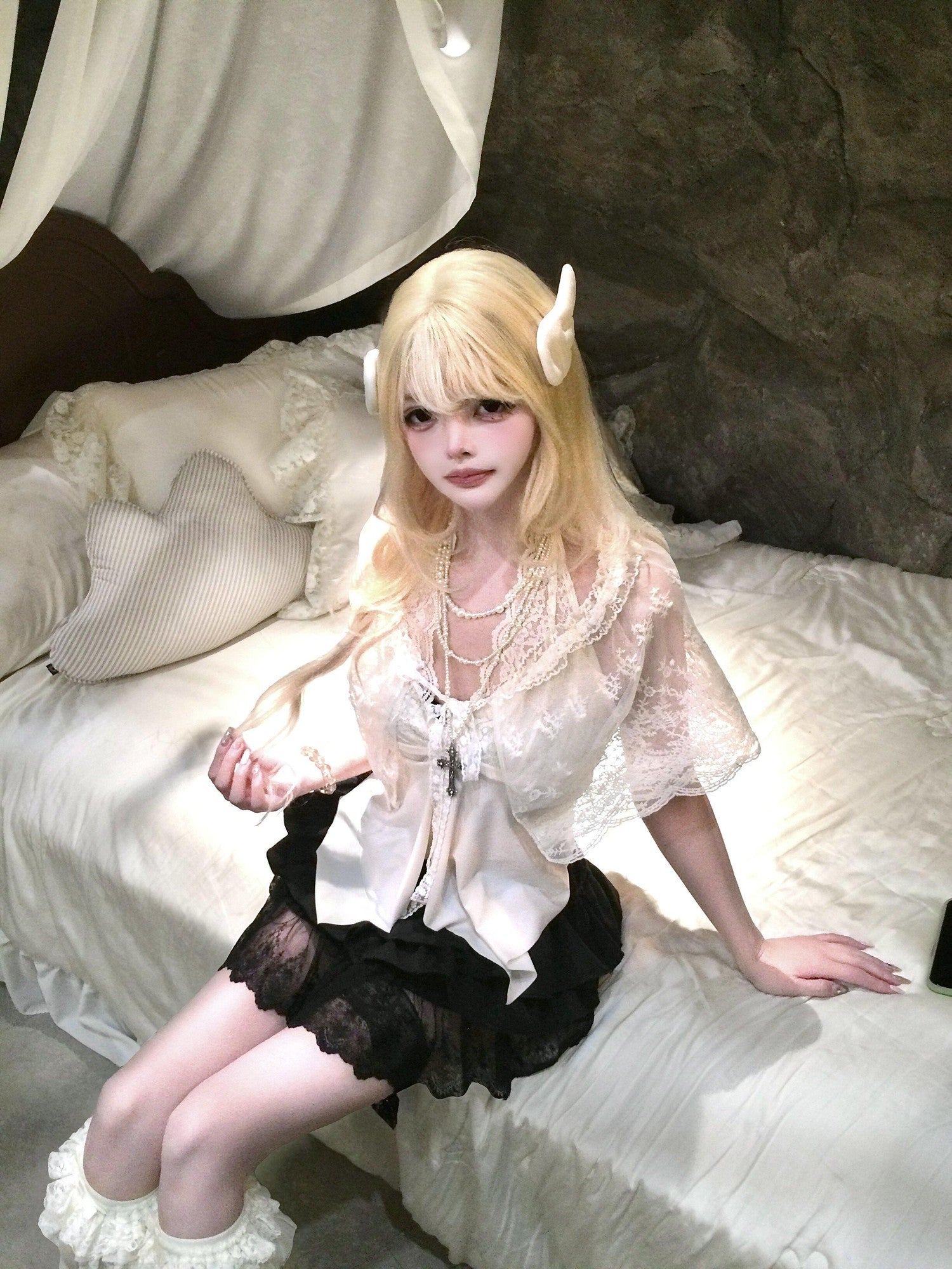 Sub Era French Shawl Set A Line Tie Waist Thin Strap Women's Polyester Lace Camisoles