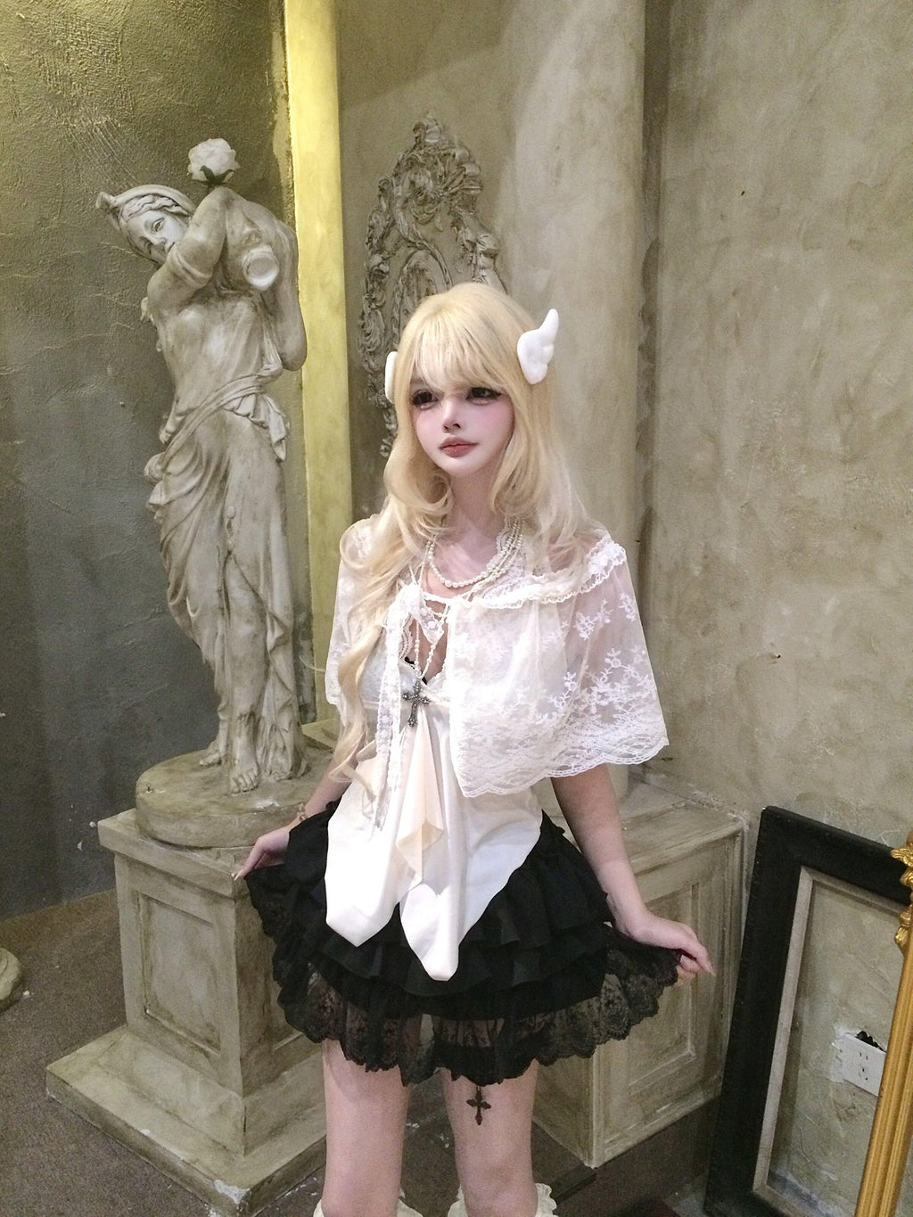 Sub Era French Shawl Set A Line Tie Waist Thin Strap Women's Polyester Lace Camisoles