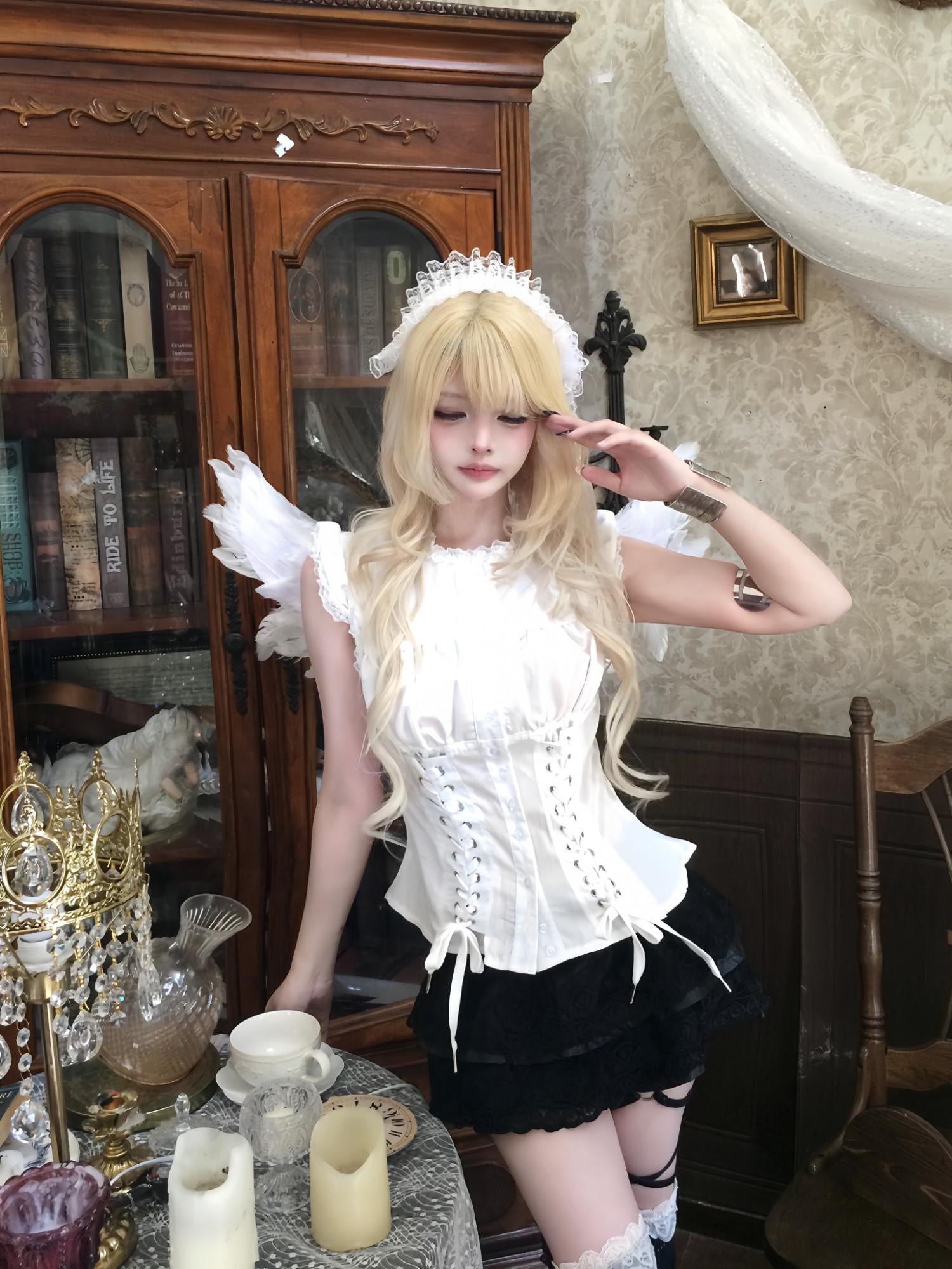 Sub Era French Vintage Court Tie Up Slim Waist Cinch Sleeveless Women's Polyester Shirts