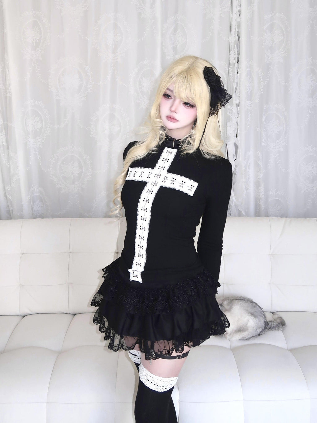 Sub Era Goth Lace Cross Slim Fit Women's Polyester Long Sleeve T-shirts