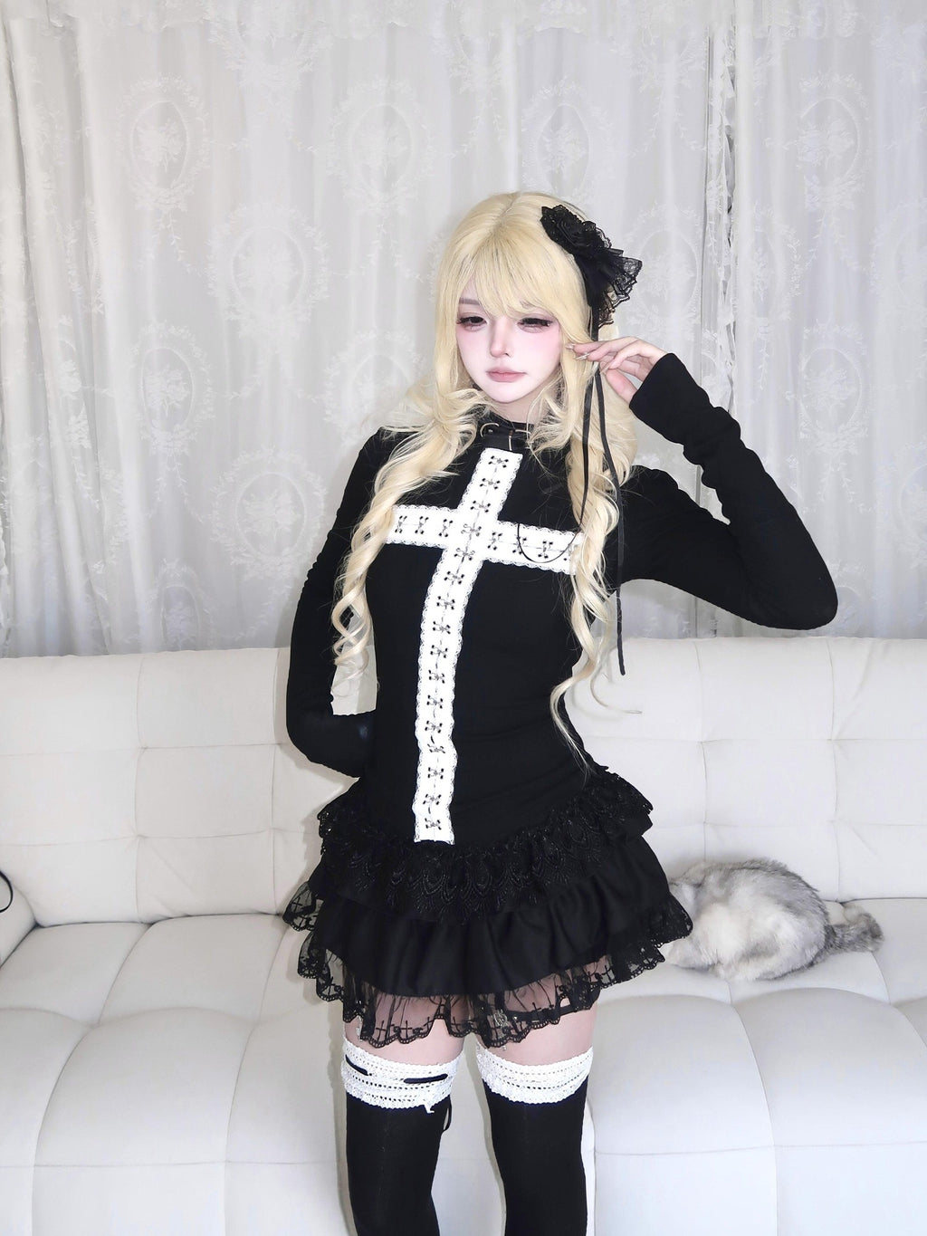 Sub Era Goth Lace Cross Slim Fit Women's Polyester Long Sleeve T-shirts