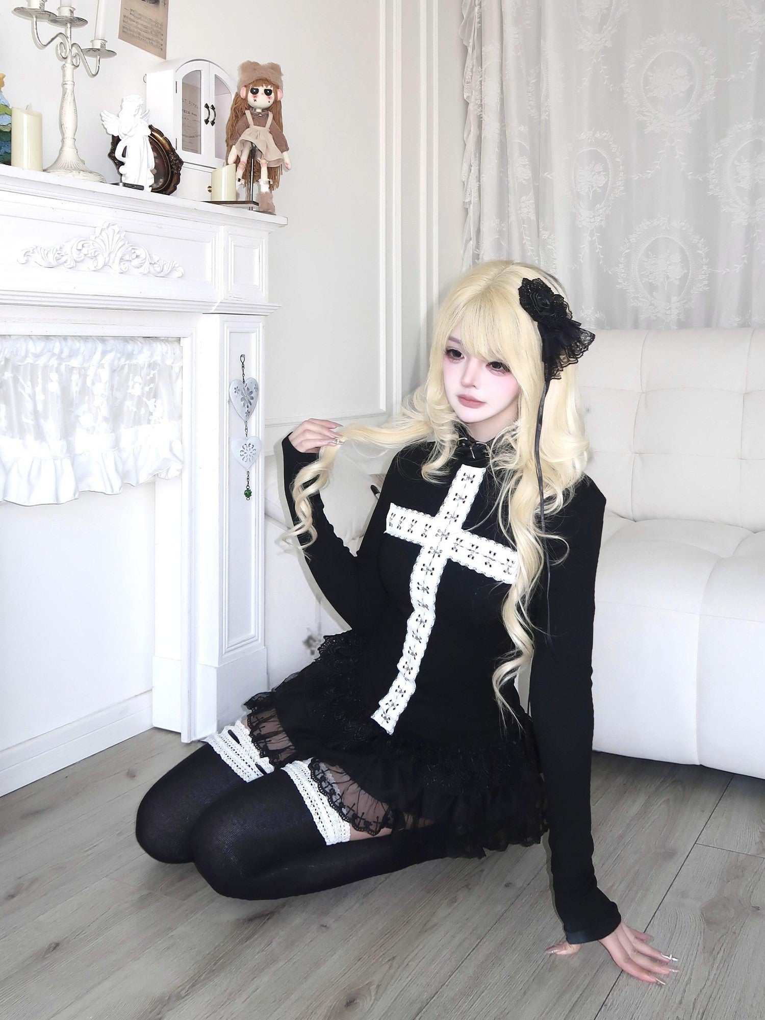 Sub Era Goth Lace Cross Slim Fit Women's Polyester Long Sleeve T-shirts