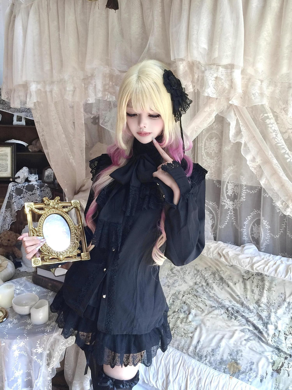 Sub Era Gothic Black Bow Ruffle Long Sleeve Women's Polyester Blouses