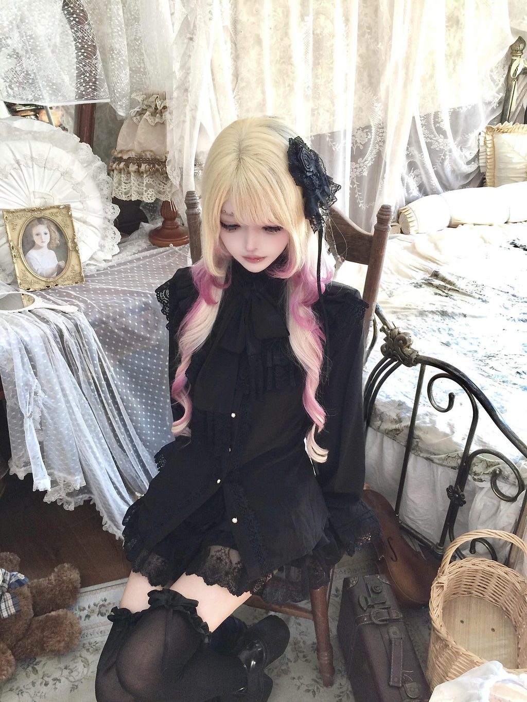 Sub Era Gothic Black Bow Ruffle Long Sleeve Women's Polyester Blouses