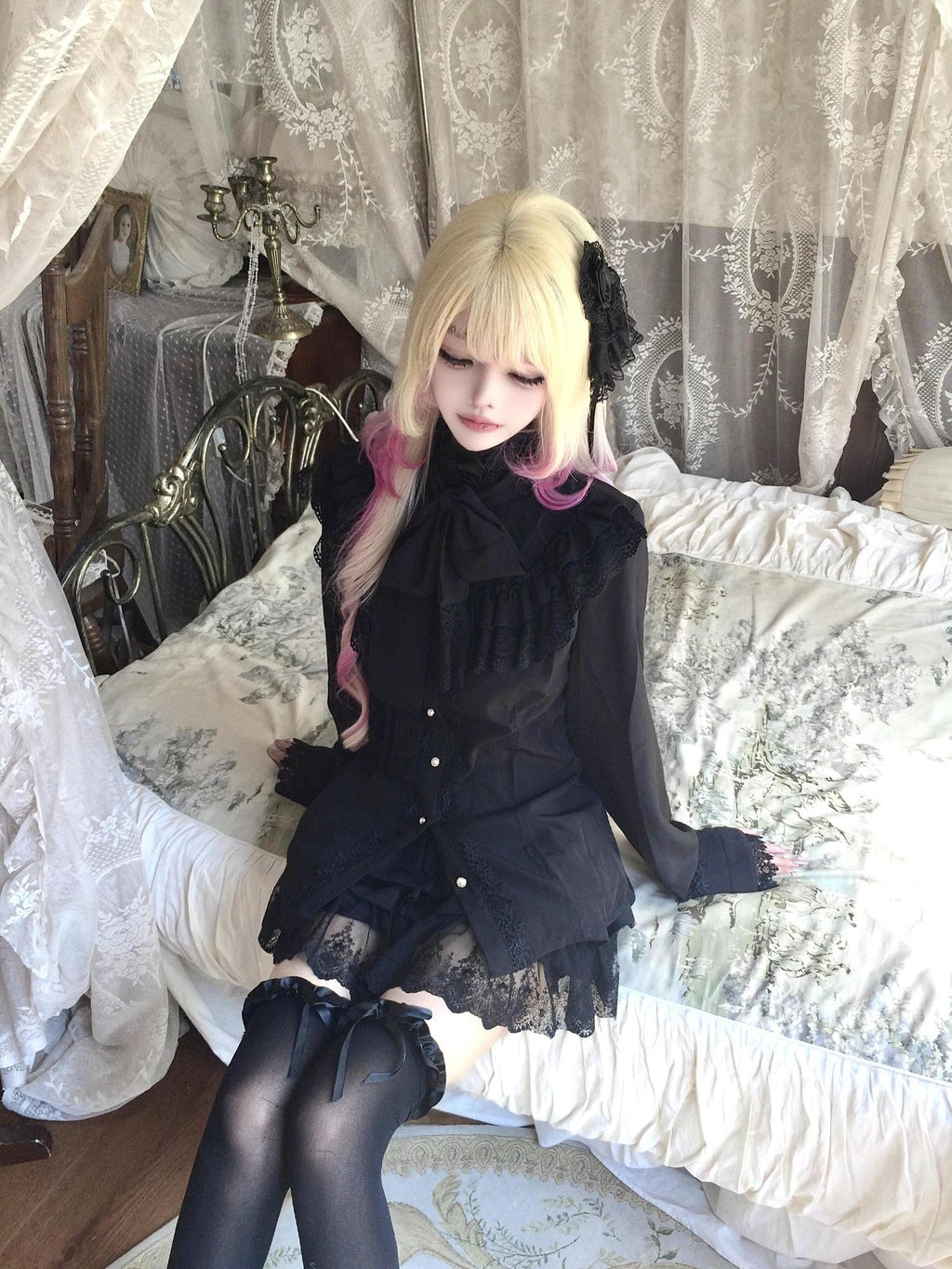 Sub Era Gothic Black Bow Ruffle Long Sleeve Women's Polyester Blouses