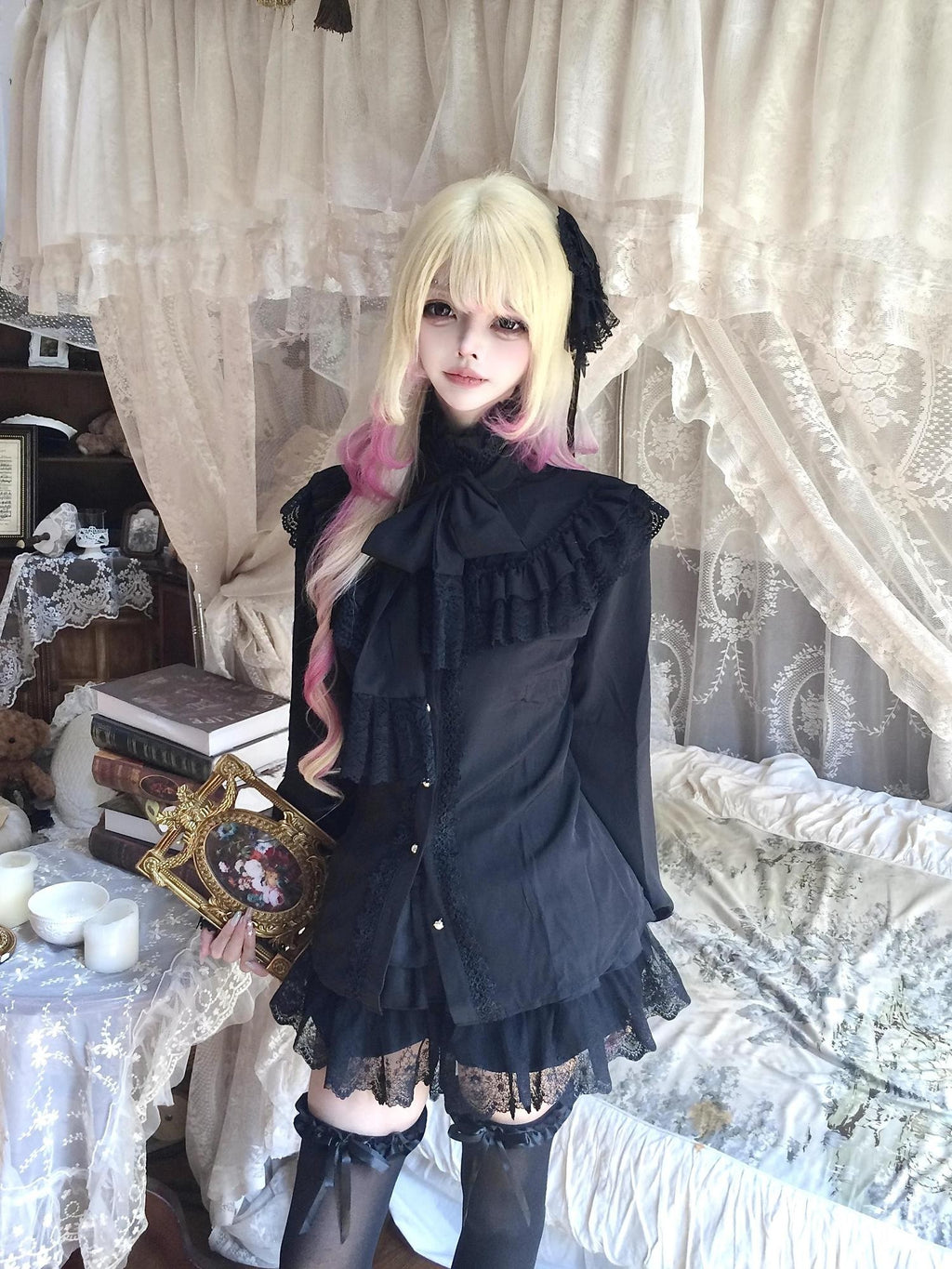 Sub Era Gothic Black Bow Ruffle Long Sleeve Women's Polyester Blouses