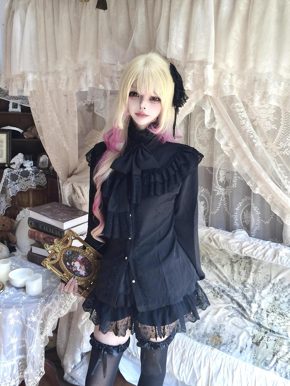 Sub Era Gothic Black Bow Ruffle Long Sleeve Women's Polyester Blouses