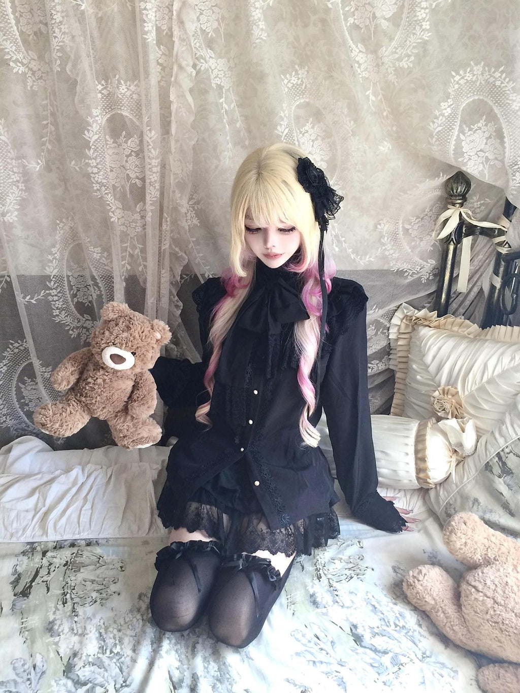 Sub Era Gothic Black Bow Ruffle Long Sleeve Women's Polyester Blouses
