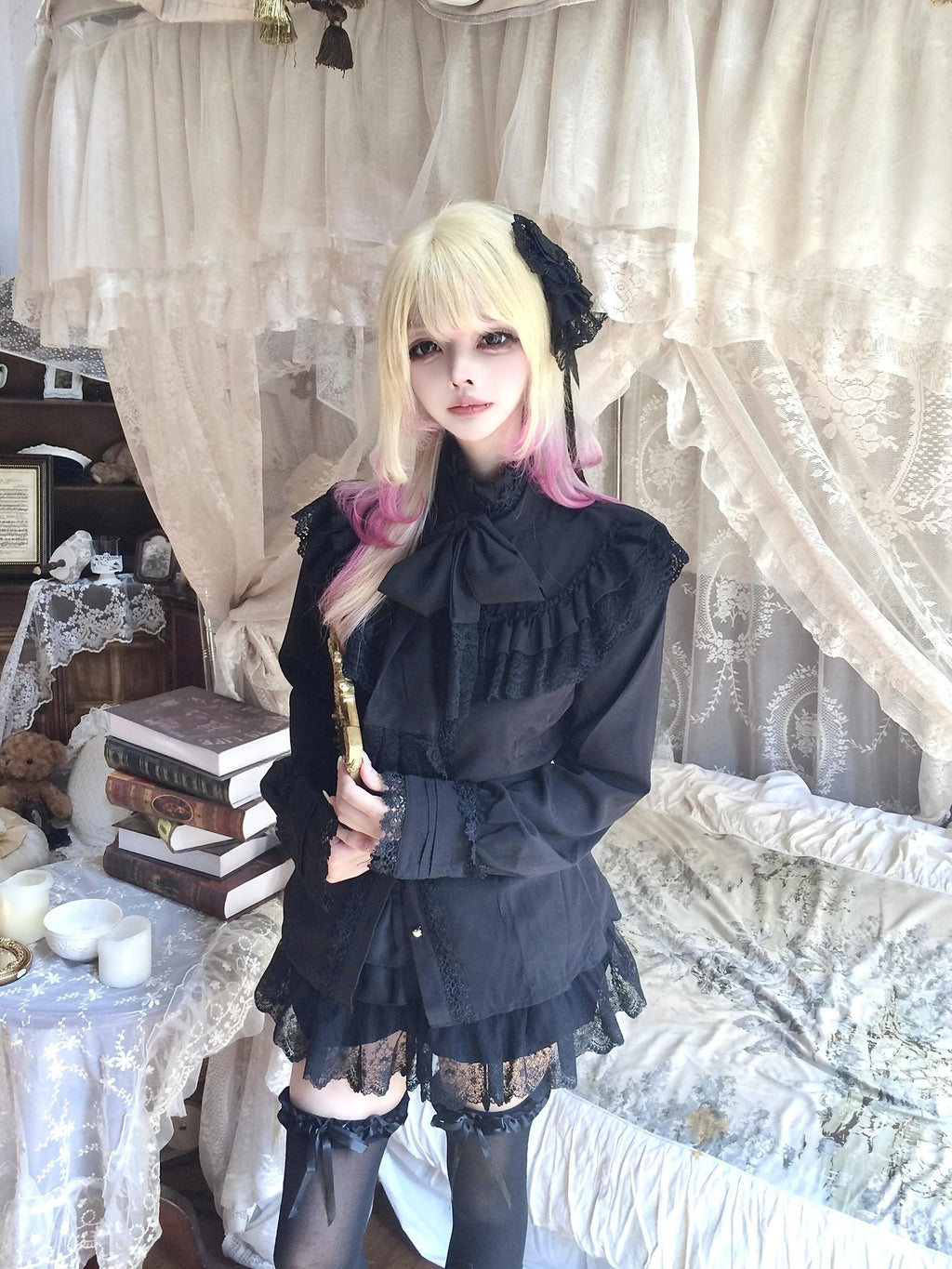 Sub Era Gothic Black Bow Ruffle Long Sleeve Women's Polyester Blouses