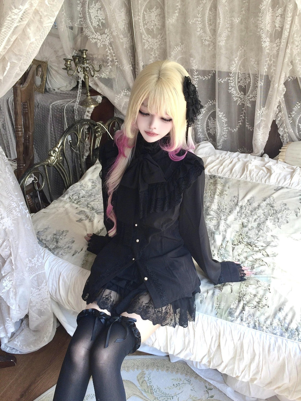 Sub Era Gothic Black Bow Ruffle Long Sleeve Women's Polyester Blouses