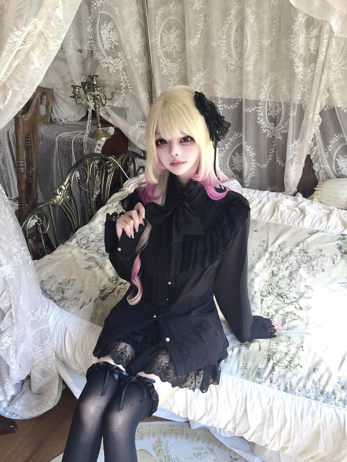 Sub Era Gothic Black Bow Ruffle Long Sleeve Women's Polyester Blouses