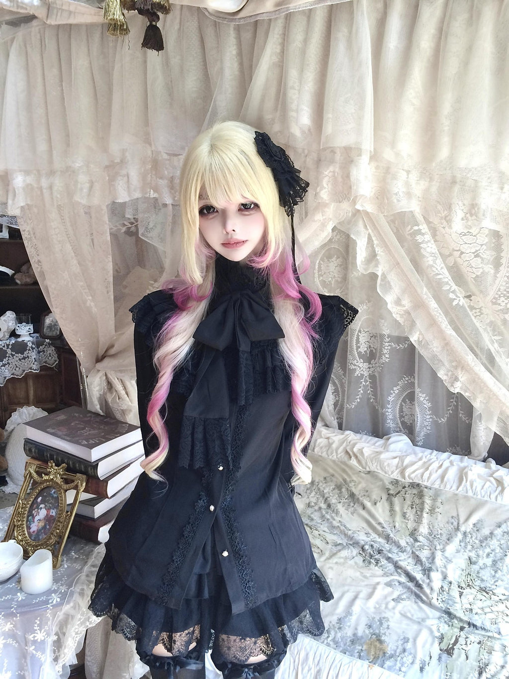 Sub Era Gothic Black Bow Ruffle Long Sleeve Women's Polyester Blouses