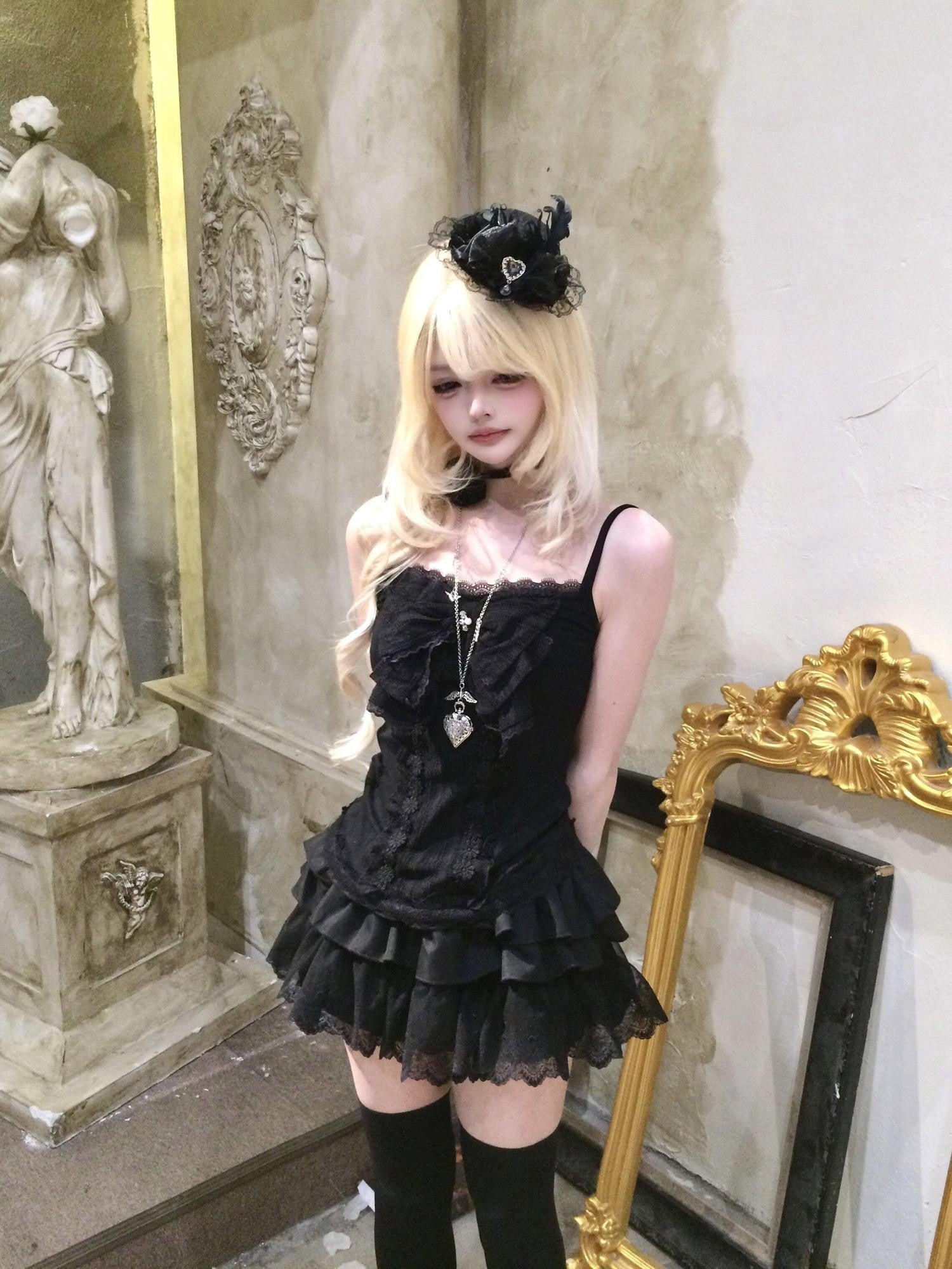 Sub Era Gothic Black Lace A Line Narrow Strap Women's Polyester Lace Camisoles