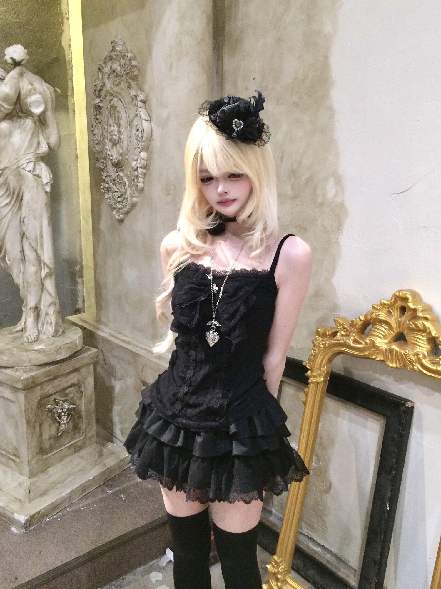 Sub Era Gothic Black Lace A Line Narrow Strap Women's Polyester Lace Camisoles