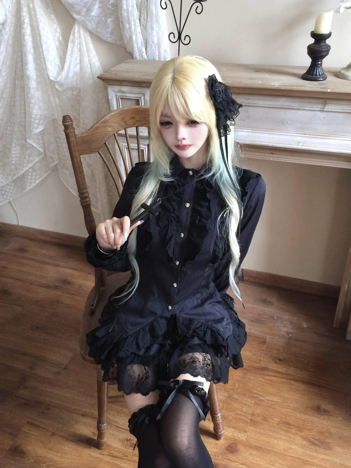 Sub_Era_Gothic_Black_Lace_Spliced_Bow_Lace_Up_Cinched_Waist_Women's_Slim_Blouses_1073793505824_MISSTT