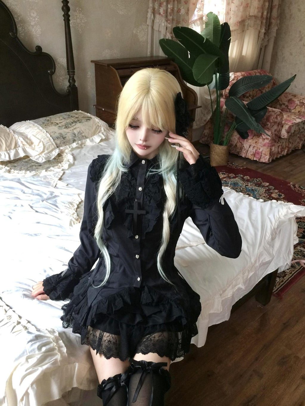 Sub Era Gothic Black Lace Spliced Bow Lace Up Cinched Waist Women's Slim Blouses