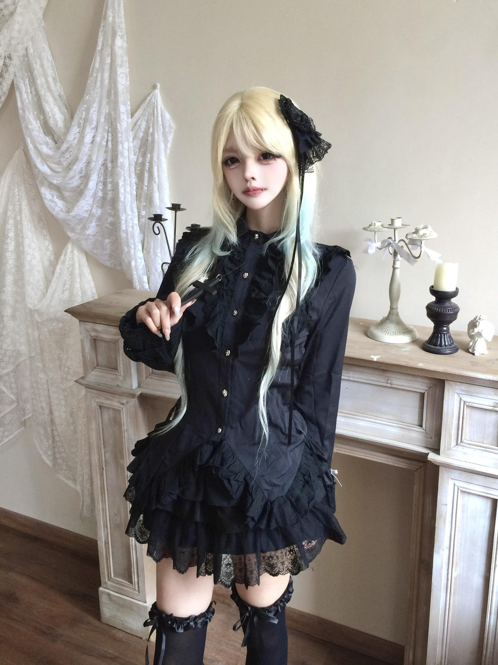 Sub Era Gothic Black Lace Spliced Bow Lace Up Cinched Waist Women's Slim Blouses