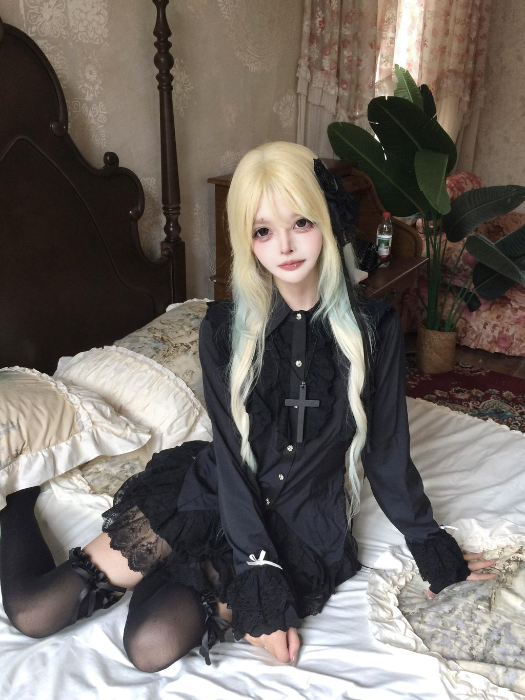 Sub Era Gothic Black Lace Spliced Bow Lace Up Cinched Waist Women's Slim Blouses
