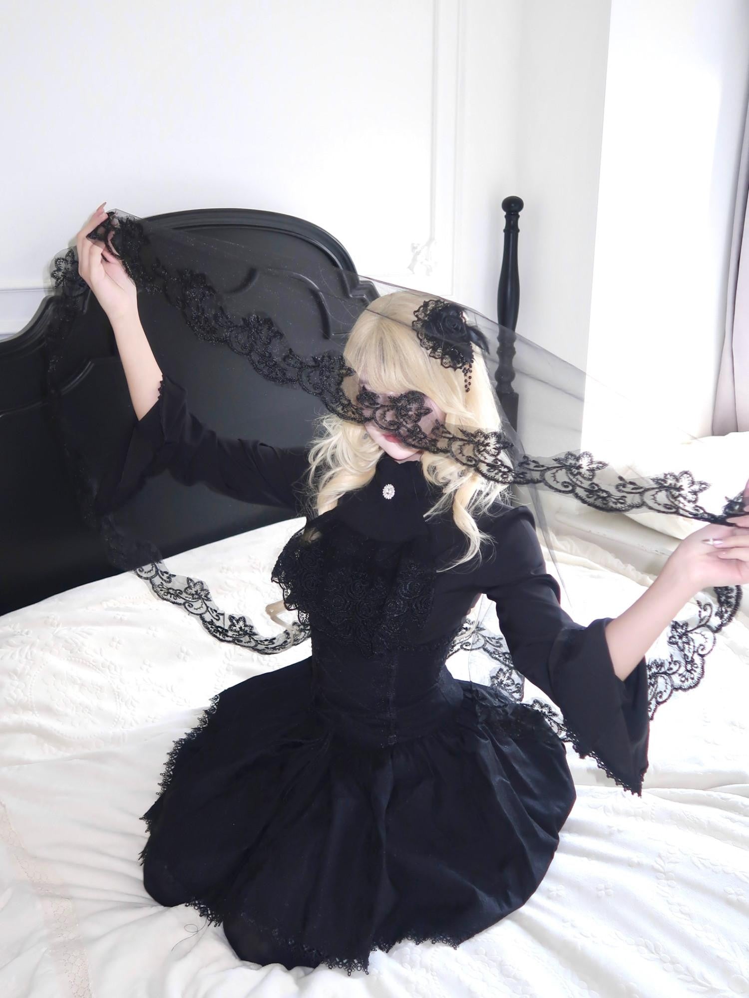 Sub Era Gothic Black Lace Up A Line High Waist Women's Lace Matching Skirt Sets