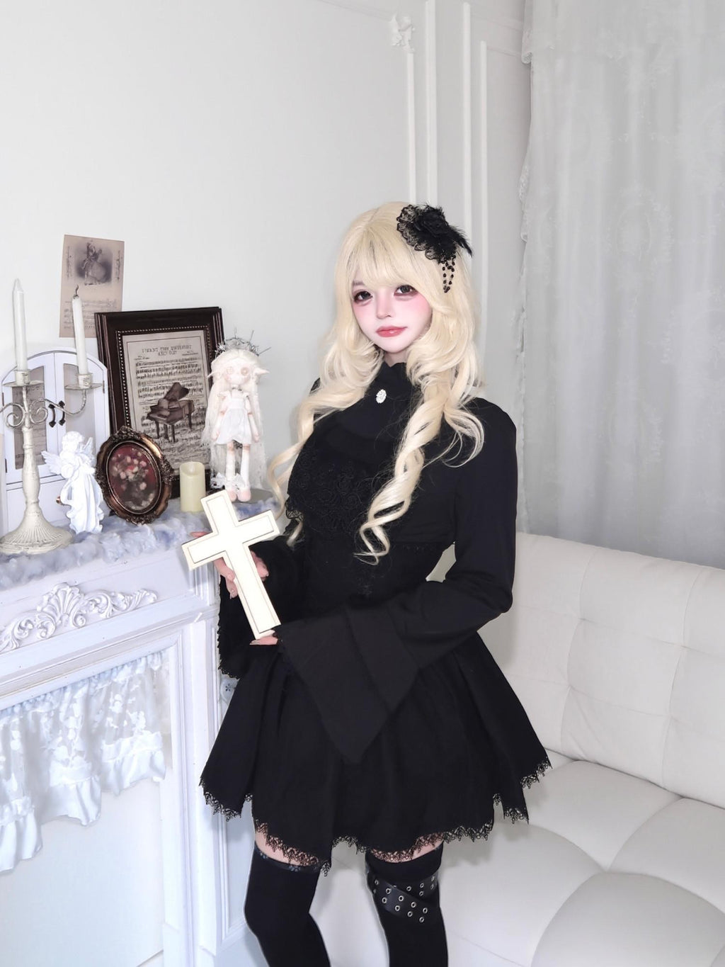 Sub Era Gothic Black Lace Up A Line High Waist Women's Lace Matching Skirt Sets