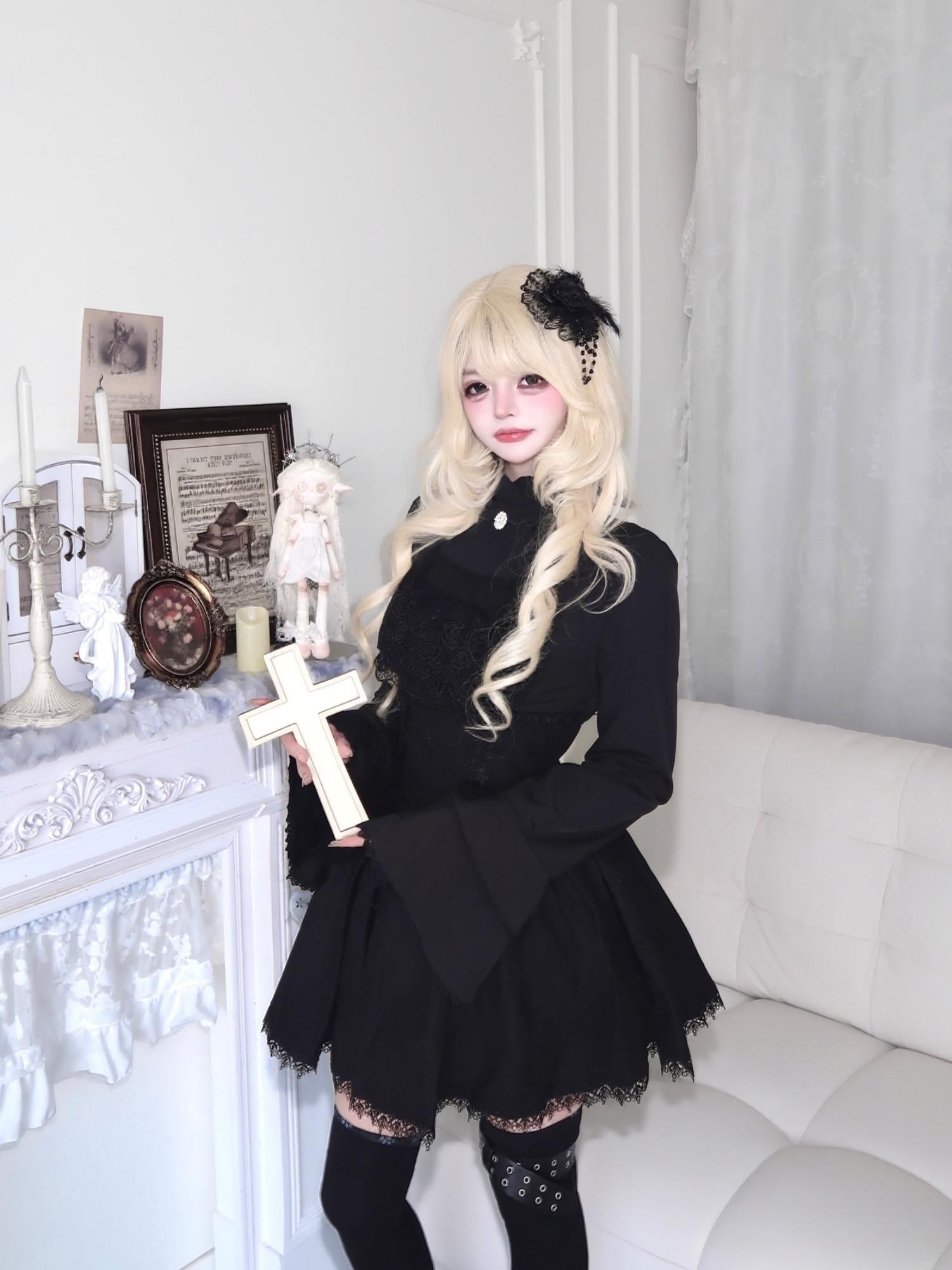 Sub Era Gothic Black Lace Up A Line High Waist Women's Lace Matching Skirt Sets