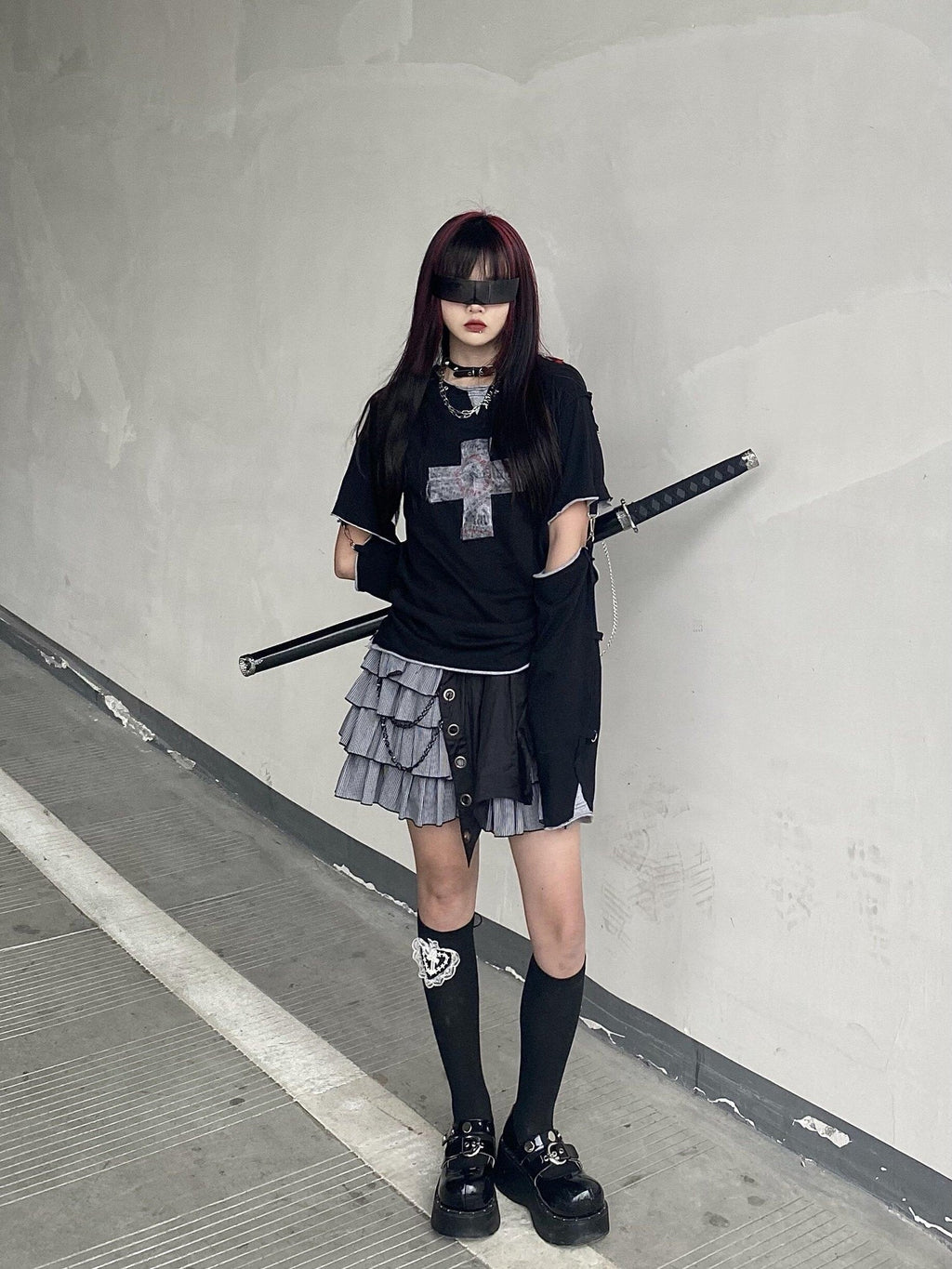 Sub Era Gothic Cross Detachable Sleeves Women's Cotton Short Sleeve T-shirts