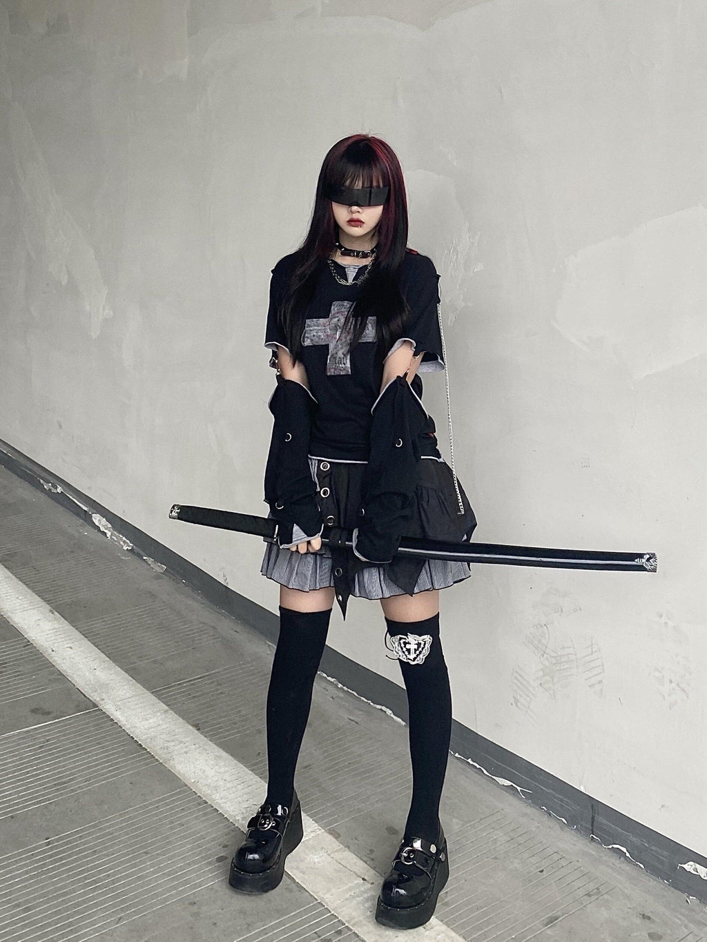 Sub Era Gothic Cross Detachable Sleeves Women's Cotton Short Sleeve T-shirts
