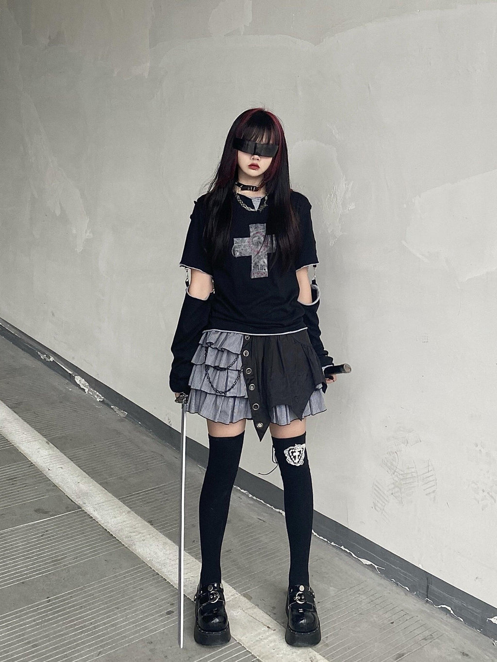 Sub Era Gothic Cross Detachable Sleeves Women's Cotton Short Sleeve T-shirts