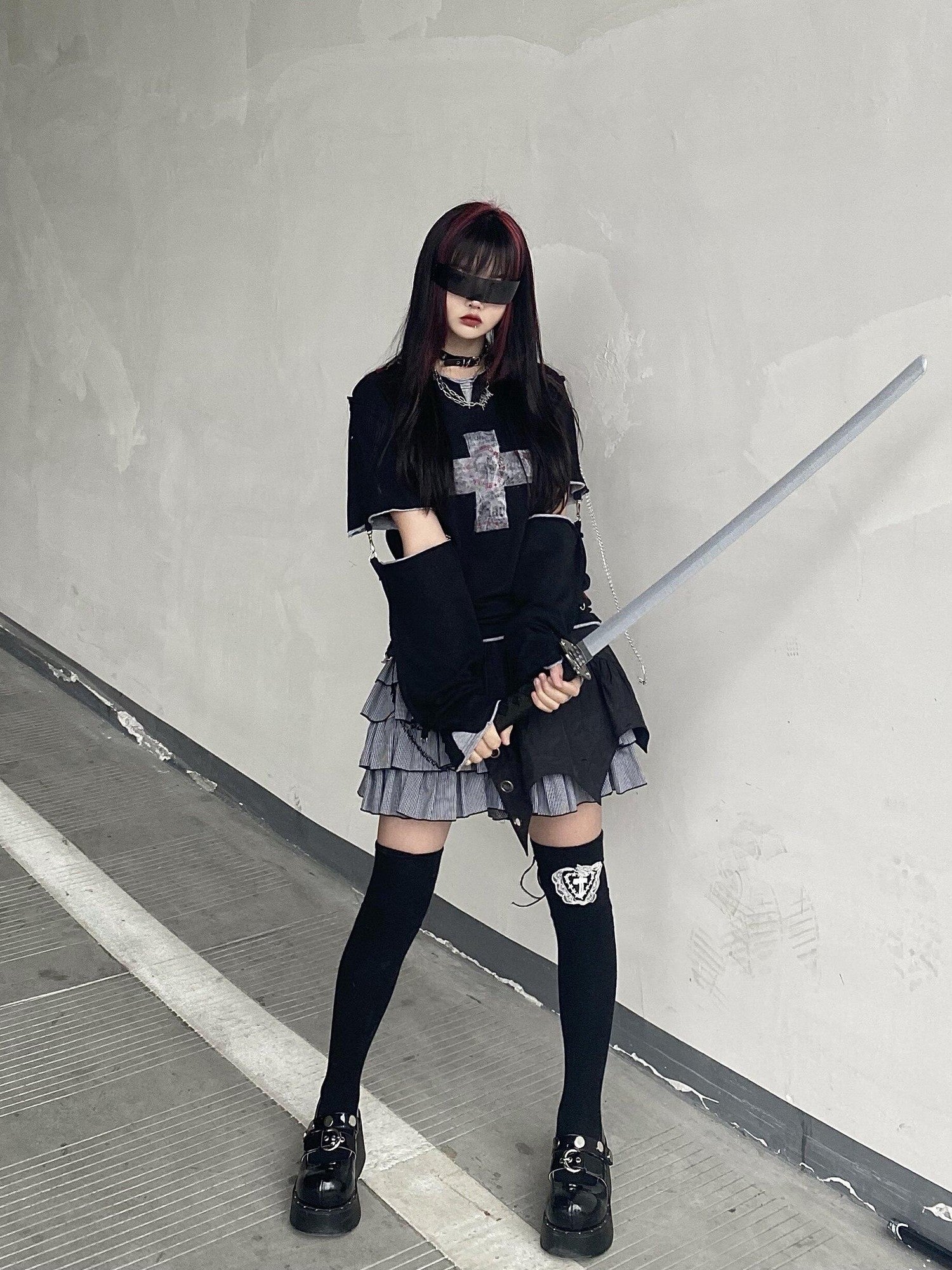 Sub Era Gothic Cross Detachable Sleeves Women's Cotton Short Sleeve T-shirts