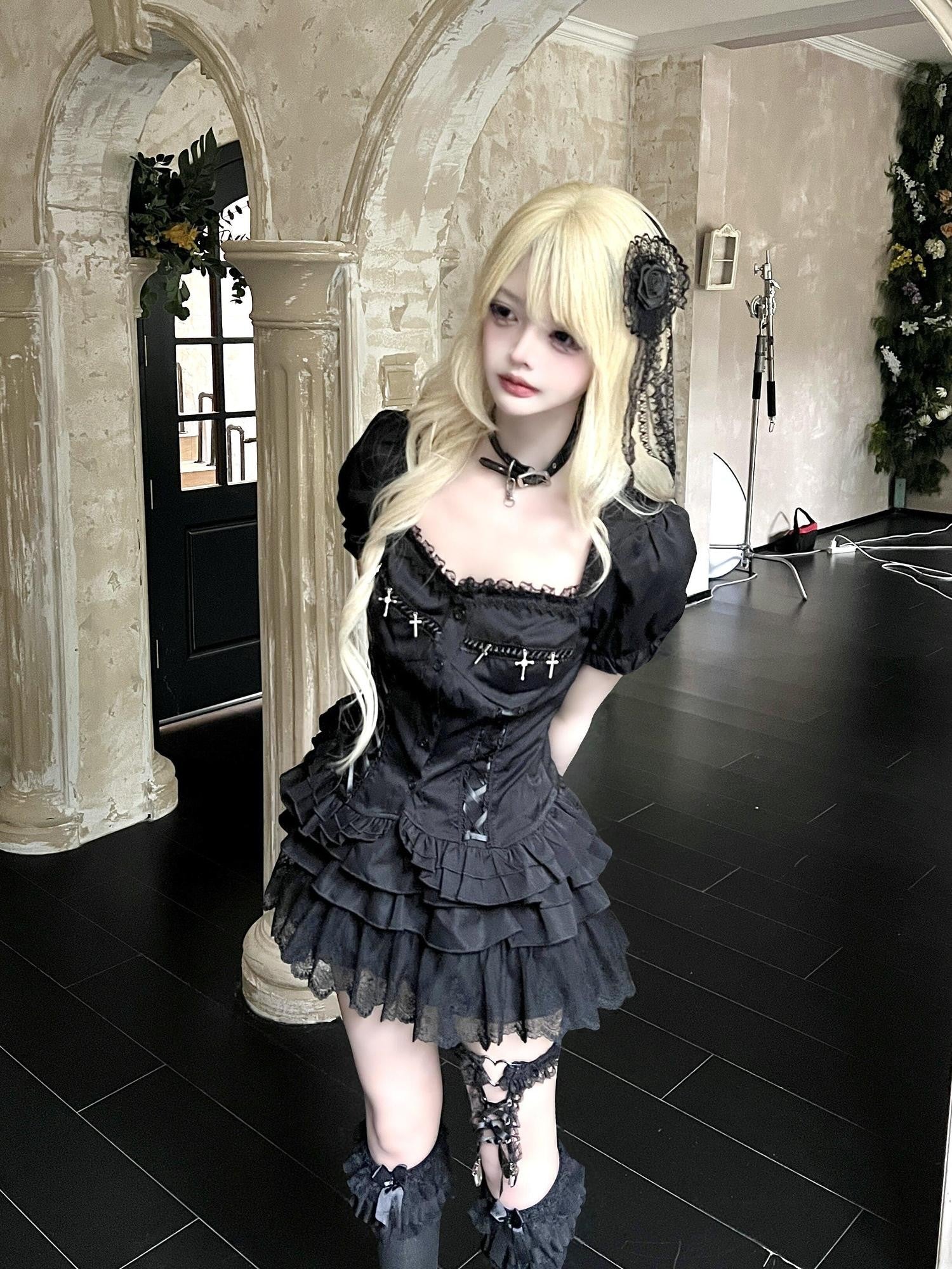Sub Era Gothic Cross Lace Puff Sleeve Cropped Waist Cinched Women's Lace Shirts