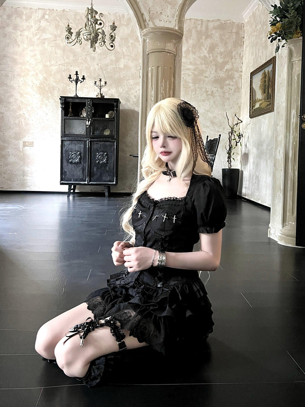 Sub Era Gothic Cross Lace Puff Sleeve Cropped Waist Cinched Women's Lace Shirts