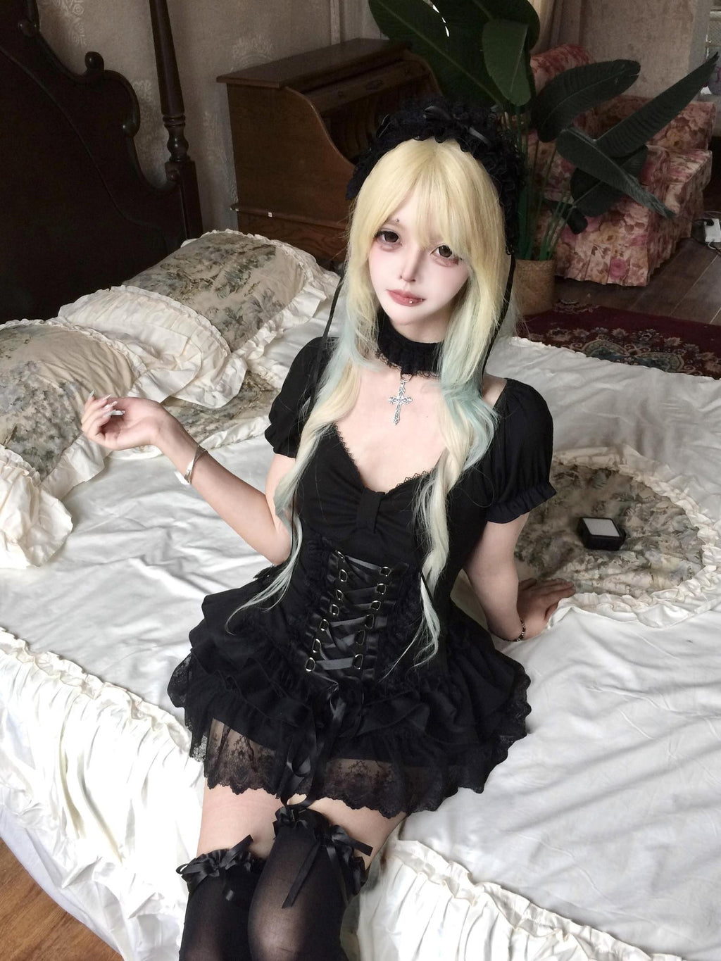 Sub Era Gothic Cross Lace Up Ruffle Lace Splice Dark Women's Polyester Short Sleeve T-shirts