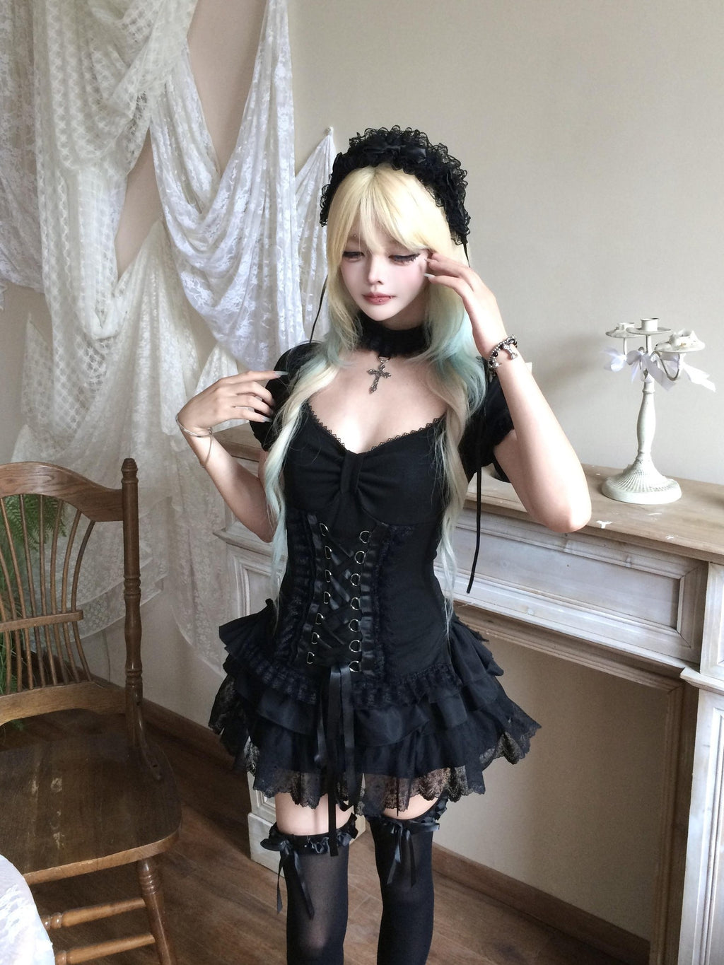Sub Era Gothic Cross Lace Up Ruffle Lace Splice Dark Women's Polyester Short Sleeve T-shirts