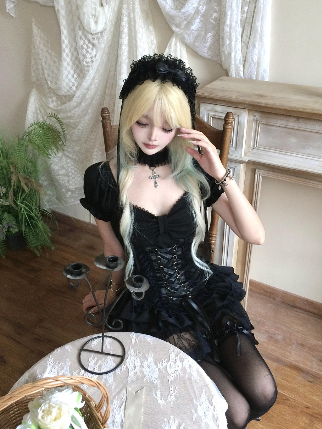 Sub Era Gothic Cross Lace Up Ruffle Lace Splice Dark Women's Polyester Short Sleeve T-shirts