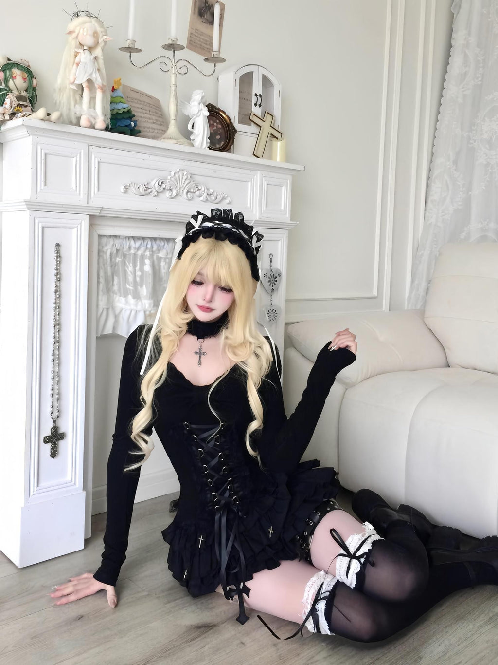 Sub Era Gothic Lace Bow Tie Straps Slim Fit Women's Polyester Long Sleeve T-shirts