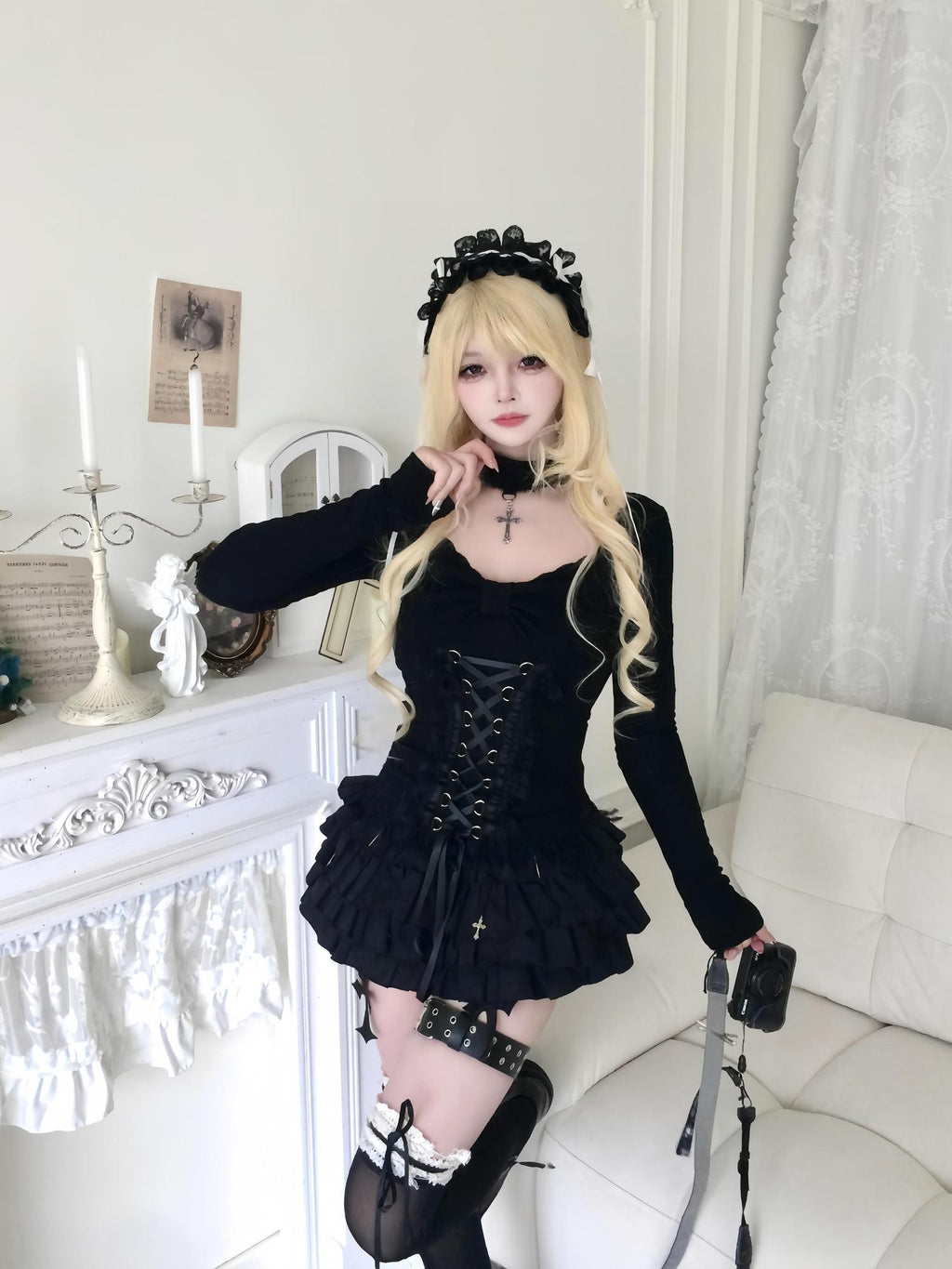 Sub Era Gothic Lace Bow Tie Straps Slim Fit Women's Polyester Long Sleeve T-shirts