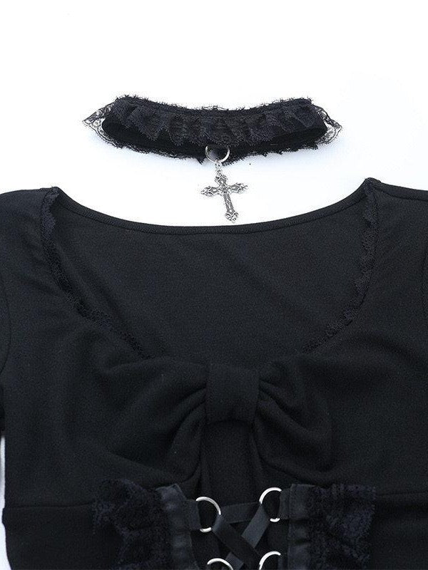 Sub Era Gothic Lace Bow Tie Straps Slim Fit Women's Polyester Long Sleeve T-shirts