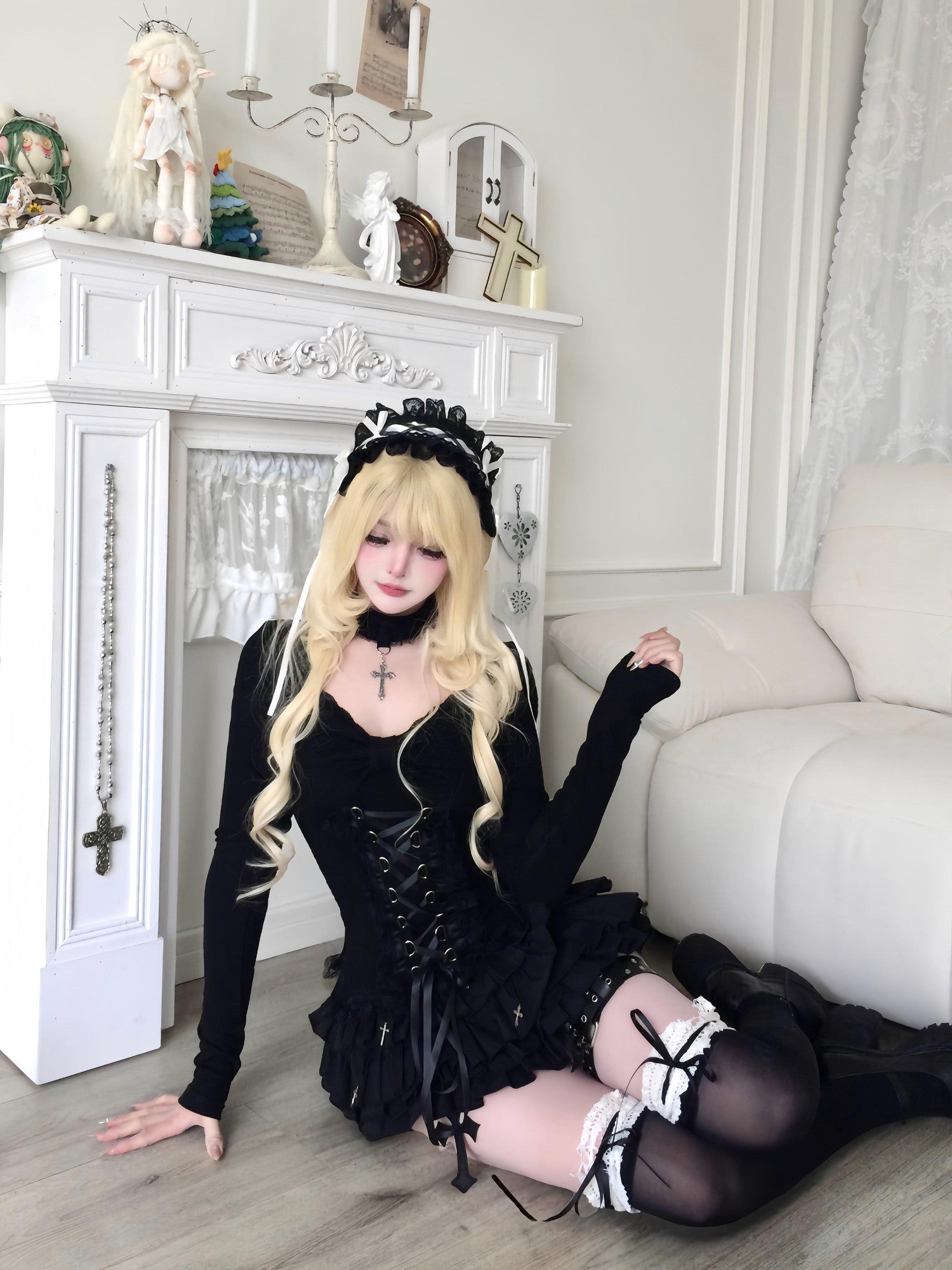 Sub Era Gothic Lace Bow Tie Straps Slim Fit Women's Polyester Long Sleeve T-shirts