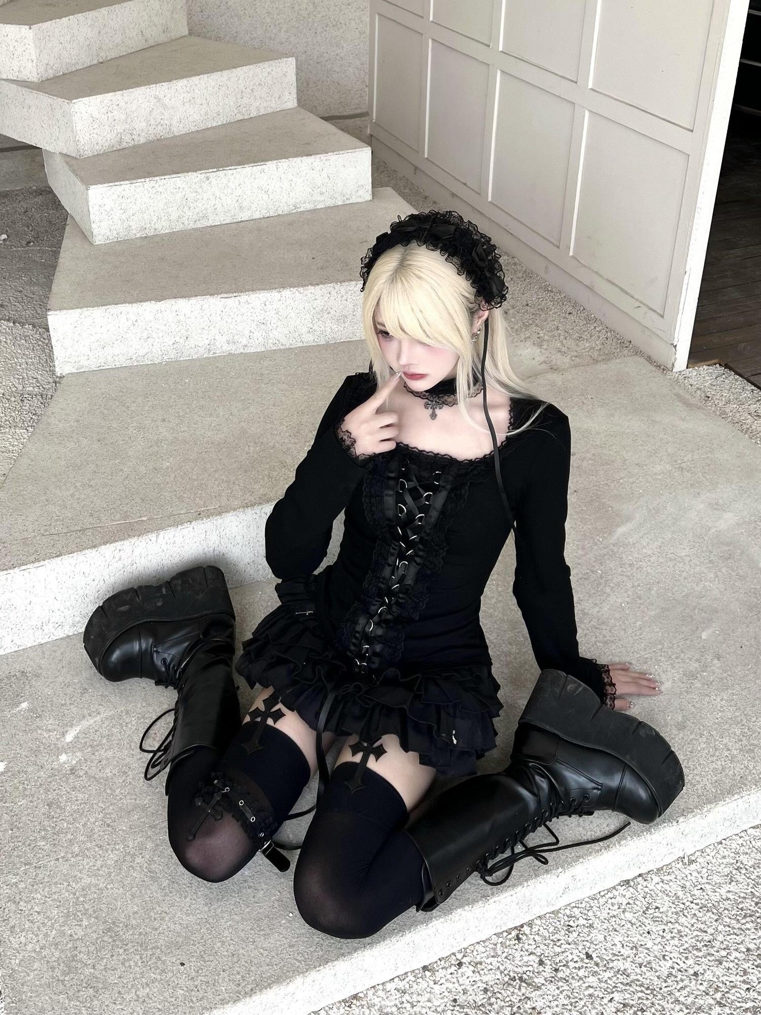 Sub Era Gothic Lace Collar Tie Cross Print Women's Polyester Long Sleeve T-shirts