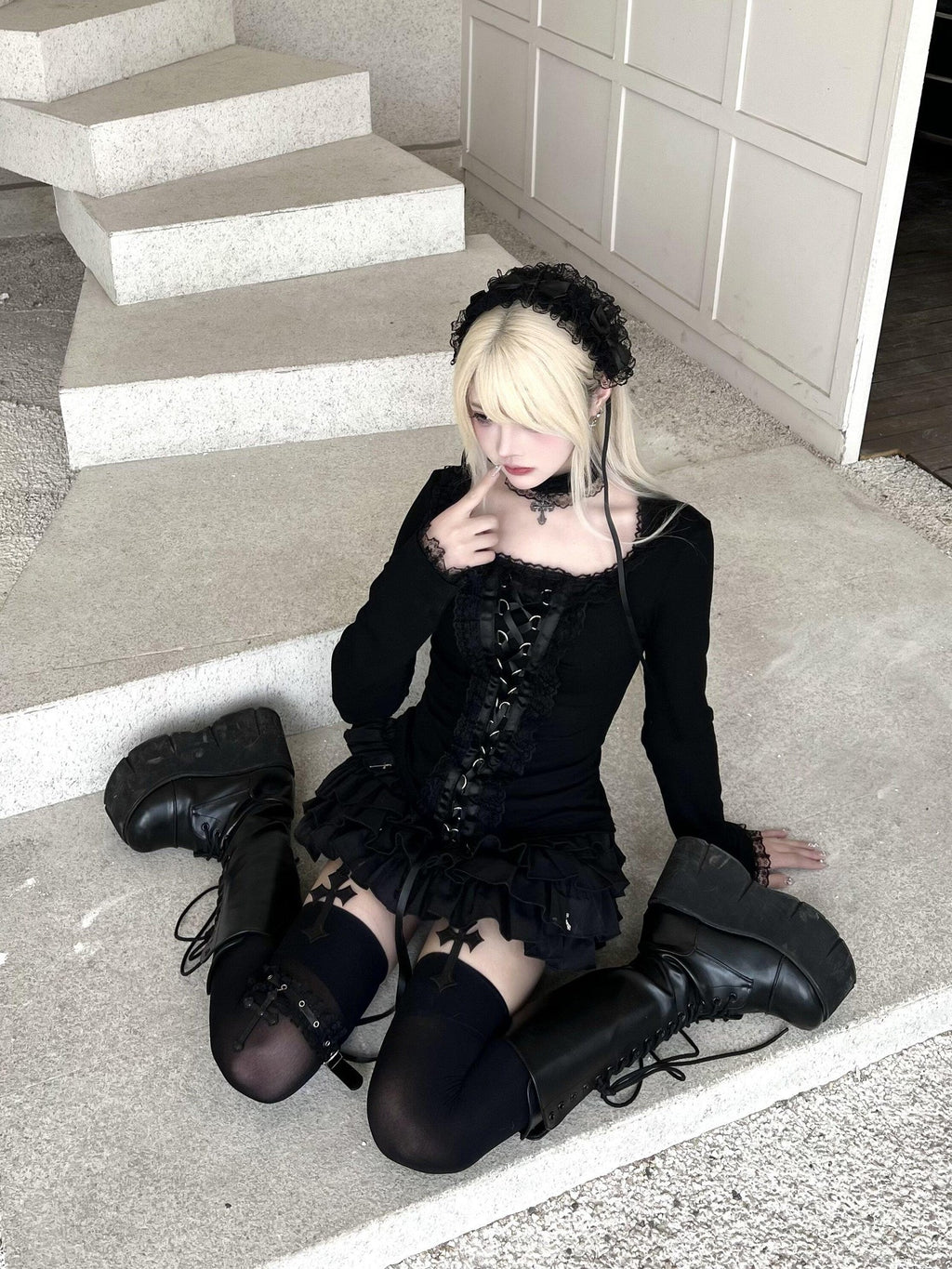 Sub Era Gothic Lace Collar Tie Cross Print Women's Polyester Long Sleeve T-shirts