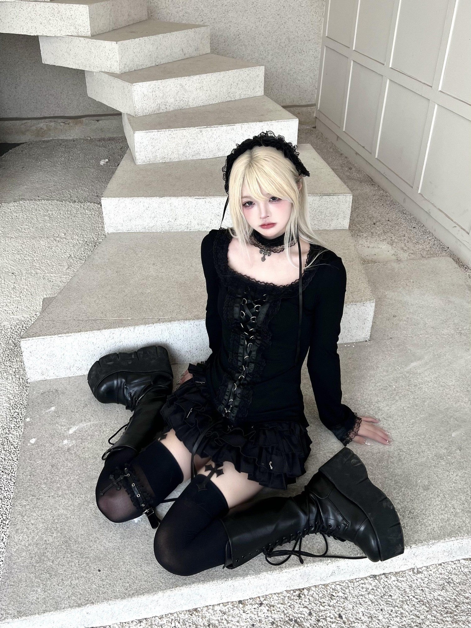 Sub Era Gothic Lace Collar Tie Cross Print Women's Polyester Long Sleeve T-shirts