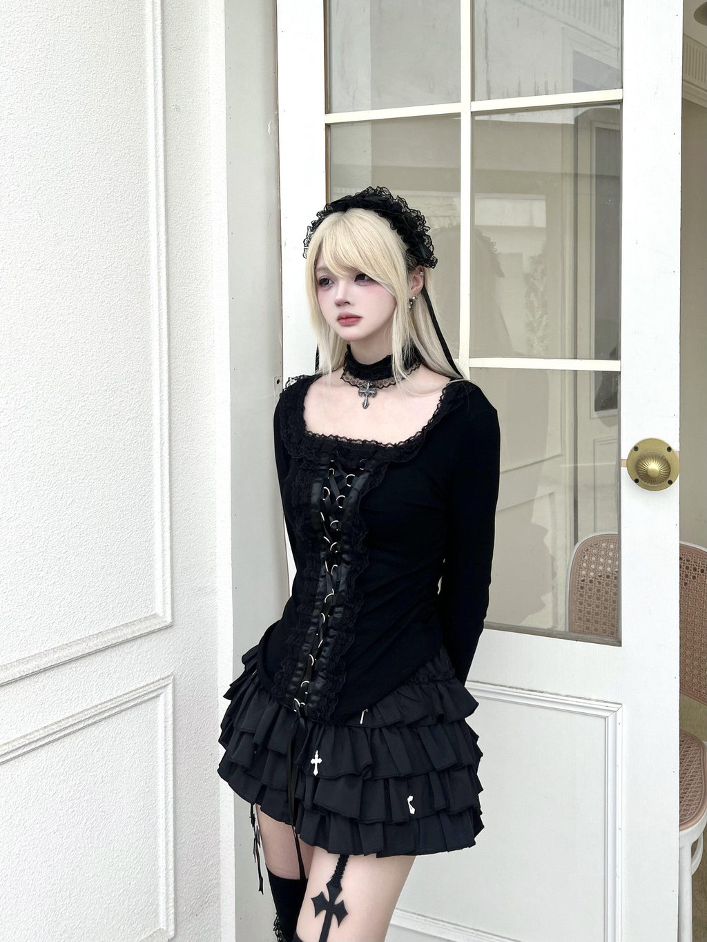 Sub Era Gothic Lace Collar Tie Cross Print Women's Polyester Long Sleeve T-shirts