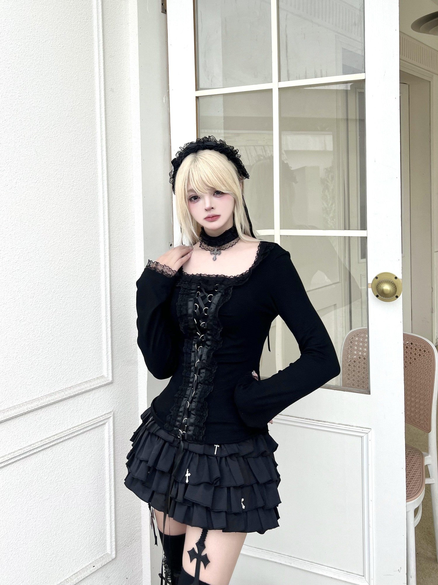Sub Era Gothic Lace Collar Tie Cross Print Women's Polyester Long Sleeve T-shirts