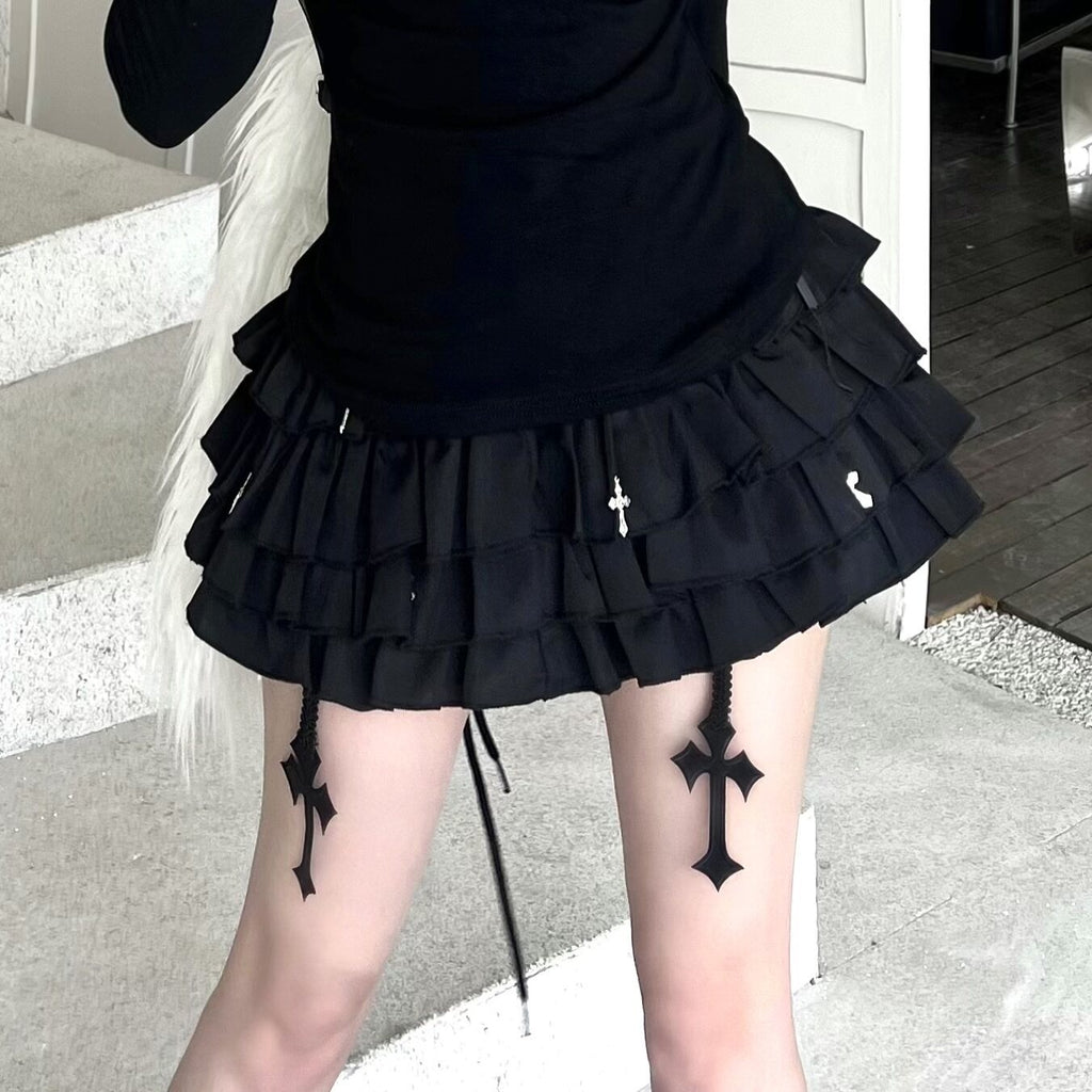 Sub_Era_Gothic_Lace_Puff_Sleeve_Cross_Print_Women's_Polyester_Matching_Skirt_Sets_941640505003_MISSTT