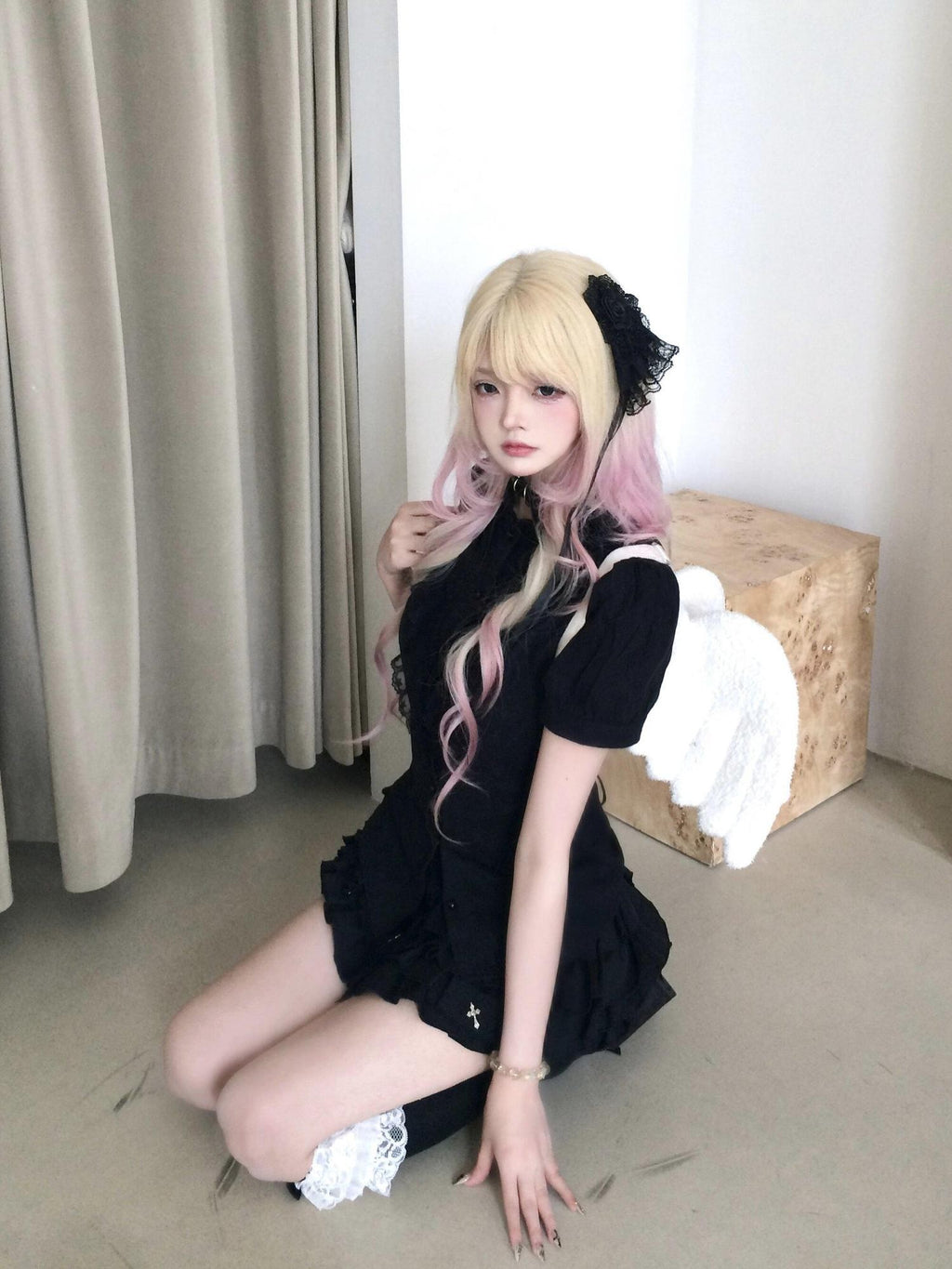 Sub Era Gothic Lace Puff Sleeve Cross Print Women's Polyester Matching Skirt Sets