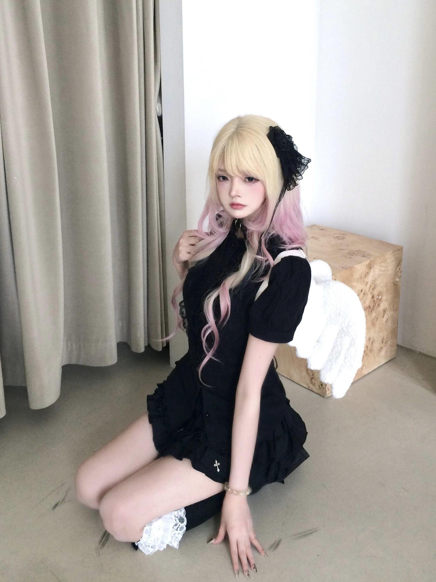 Sub Era Gothic Lace Puff Sleeve Cross Print Women's Polyester Matching Skirt Sets