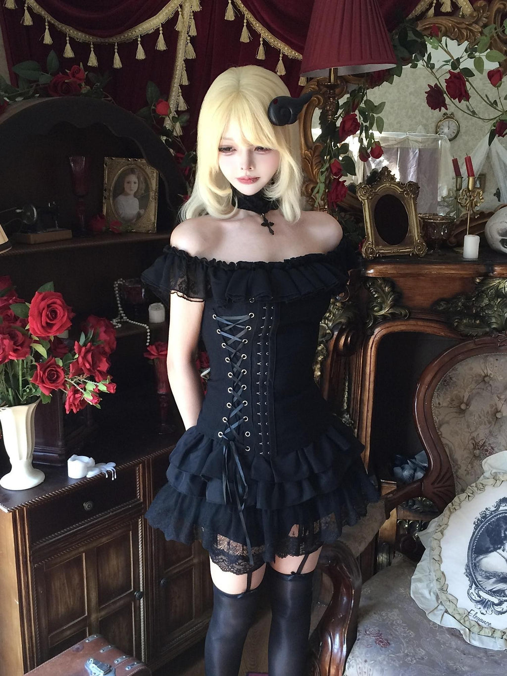 Sub Era Gothic Lace Square Neck Lace Up Open Back Women's Polyester Tank Tops