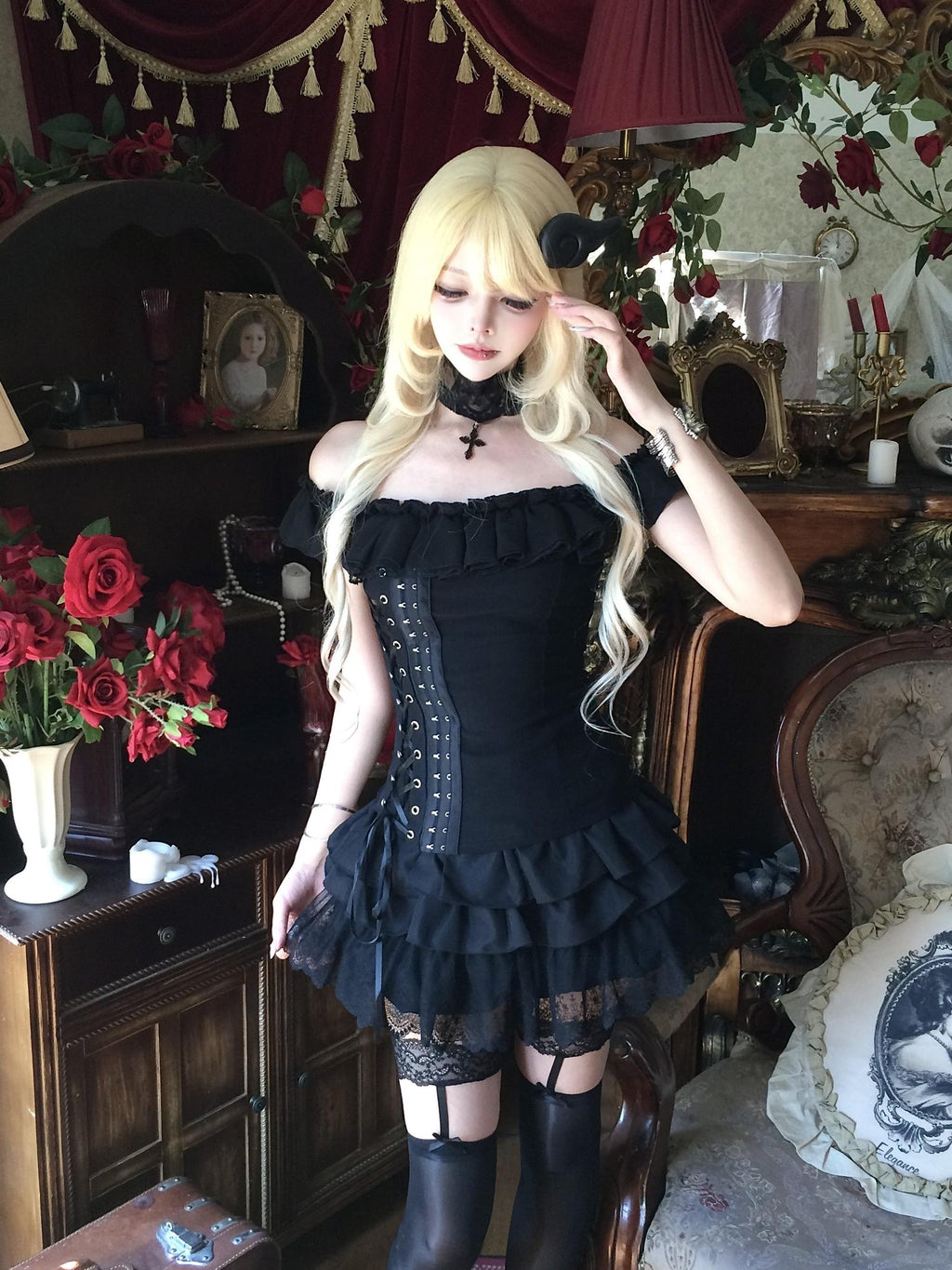 Sub Era Gothic Lace Square Neck Lace Up Open Back Women's Polyester Tank Tops