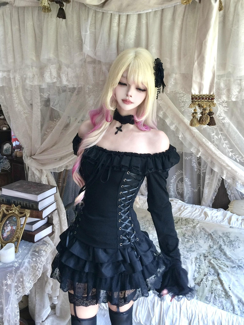 Sub Era Gothic Off Shoulder Lace Up Court Sleeve Black Women's Lace Blouses